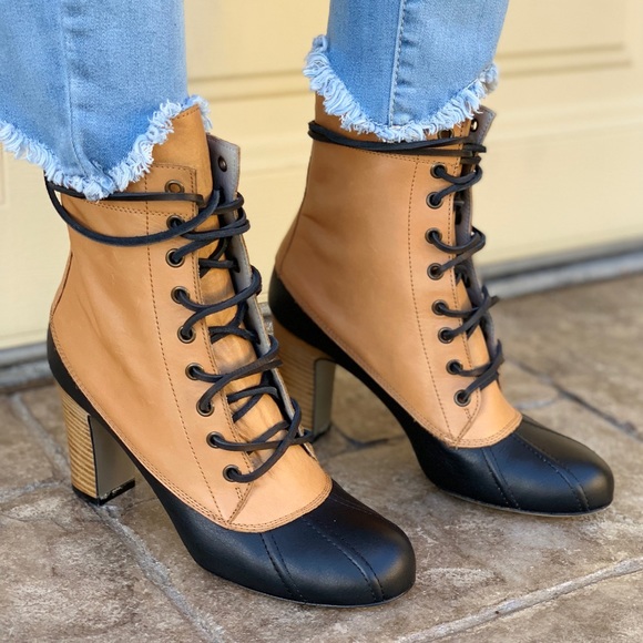 Leather High Heel Lace Up Tall Granny Duck Boots - Picture 2 of 8